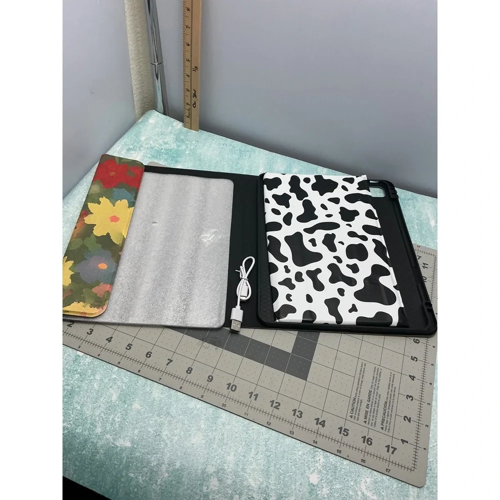 Black Cat Floral Tablet Case with Detachable Bluetooth Keyboard Cow Print Sleeve